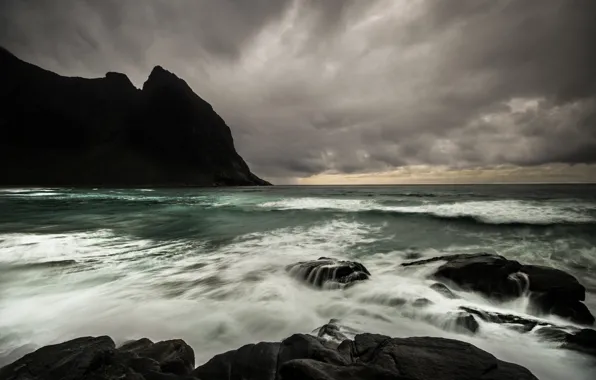 Sea, mountains, clouds, rocks, Norway