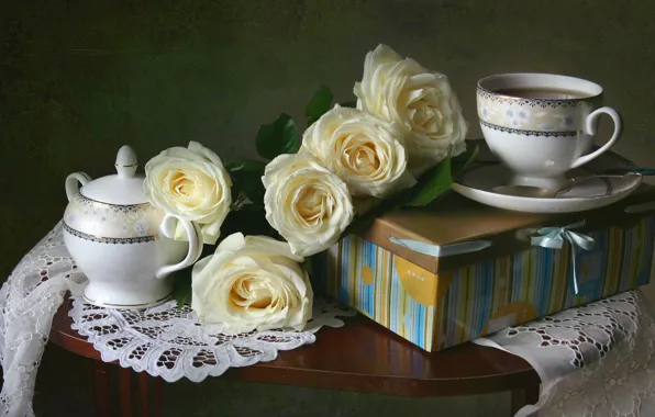 Box, tea, roses, Cup, still life, napkin, sugar bowl