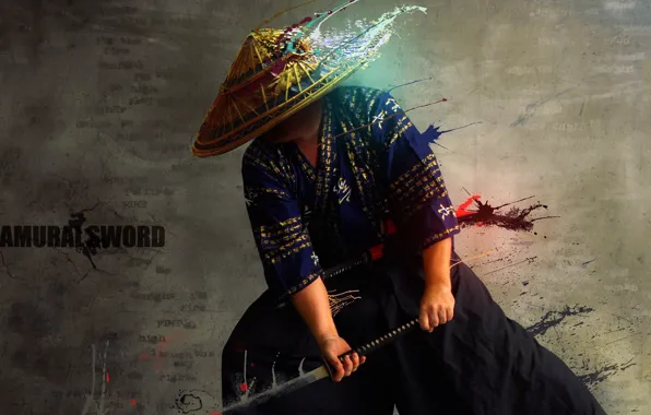 Katana, hat, samurai, blow, kimono, Samurai Sword