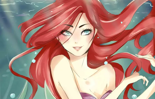 Eyes, look, hands, art, painting, Ariel, the little mermaid, red hair