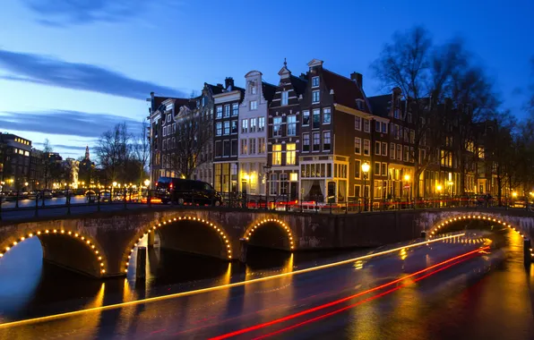 Picture the sky, bridge, lights, Amsterdam, channel, Netherlands, Jordan