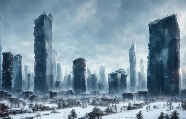 City, future, landscape, art, snow, fantastic, cyberpunk, digital art