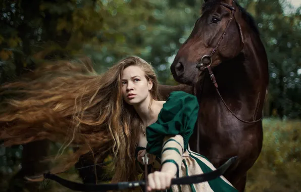 Girl, weapons, horse, horse, bow
