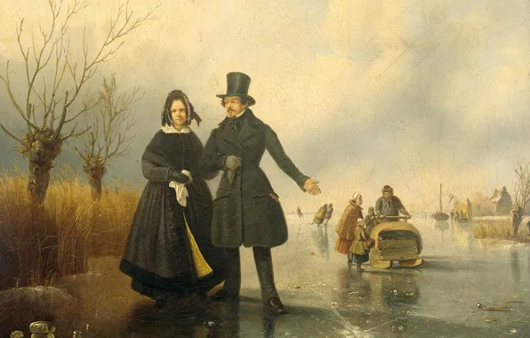 Oil, picture, canvas, Jacobus Sorensen, Portrait of Mr. and Mrs. Tyssen on the Ice