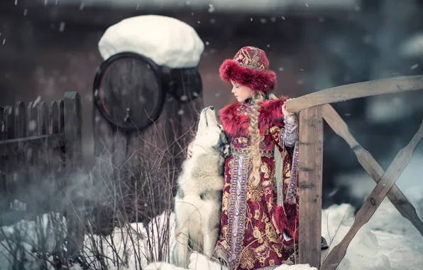 Picture winter, dog, girl, friends, husky, Kievan Rus, Yaroslav Gromov, Princess