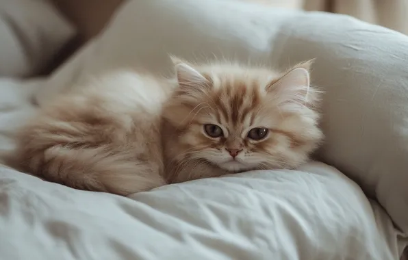 Cat, look, pose, kitty, fluffy, red, bed, lies