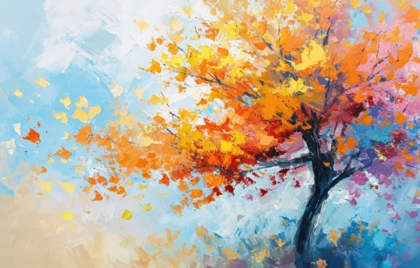 Autumn, leaves, branches, nature, tree, paint, foliage, picture