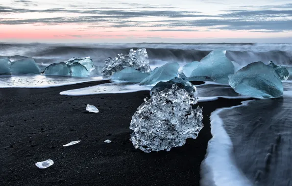 Ice, winter, sand, sea, wave, the sky, clouds, transparent