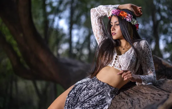 Girl, trees, flowers, nature, pose, Park, skirt, makeup