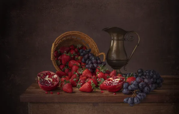 Berries, table, strawberry, grapes, pitcher, fruit, still life, placer