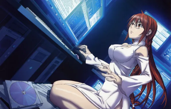 Computer, girl, glasses, red, Sekirei