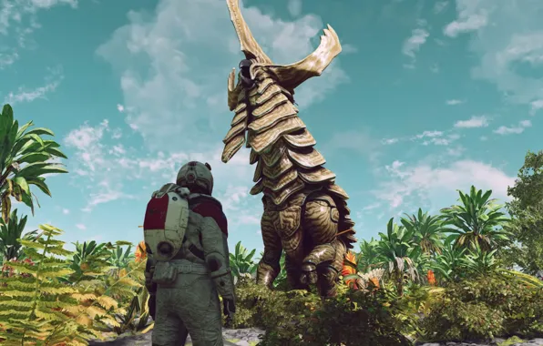 Palm trees, animal, dinosaur, being, the suit, jungle, starfield