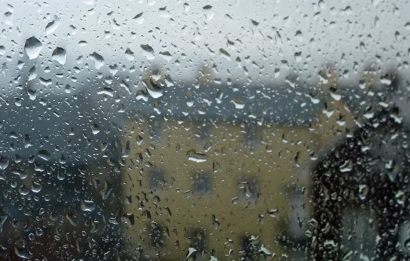 Glass, water, drops, house, rain, blur, shape