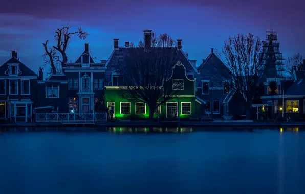Night, lights, home, Netherlands, Zaandam, river Zan