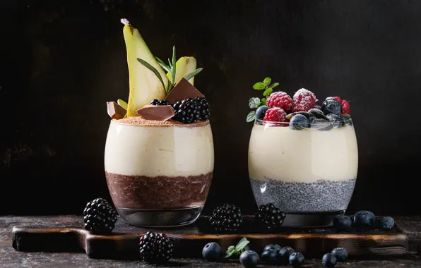 Picture glass, berries, raspberry, chocolate, Breakfast, blueberries, BlackBerry, yogurt