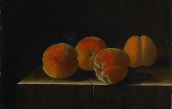 Picture picture, fruit, still life, Adrian Coort, Four Apricots on a Stone Pedestal