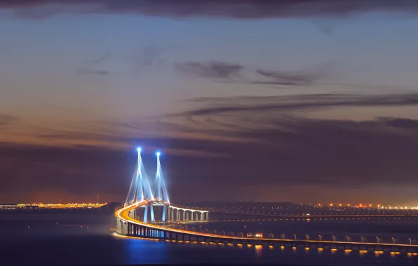 The sky, clouds, night, bridge, the city, lights, excerpt, backlight