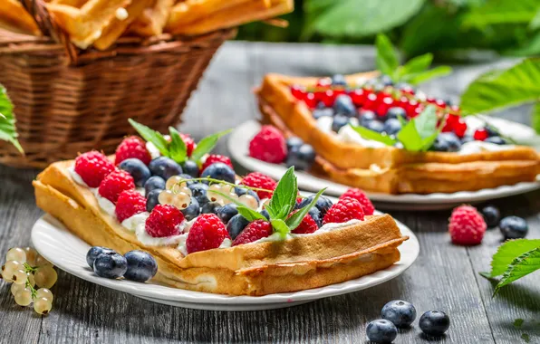 Berries, waffles, berries, mint leaves, mint leaves, A delicious dessert, Delicious dessert, waffle