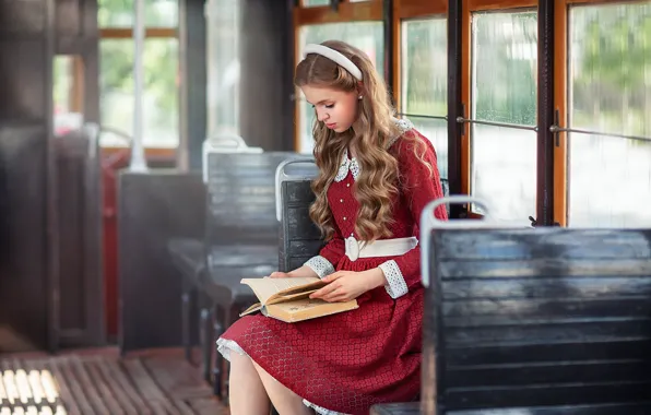 Picture look, girl, photo, hair, dress, book, tram, Anastasia Barmina