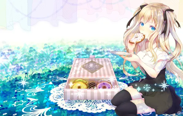 Box, donuts, blue eyes, vocaloid, sitting, art, napkin, Seeu