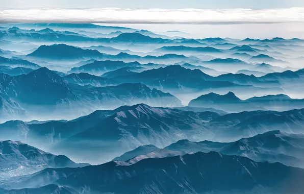 Clouds, mountains, fog, blue, the slopes, tops, view, height