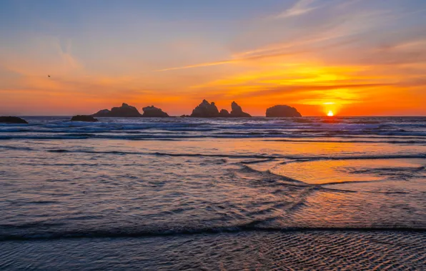 Sea, sunset, rocks, shore, surf
