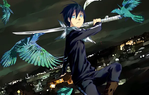 Birds, night, sword, guy, Noragami, Yato