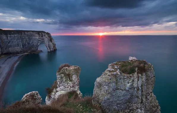 Picture sea, landscape, sunset, nature, rocks, coast, France, arch