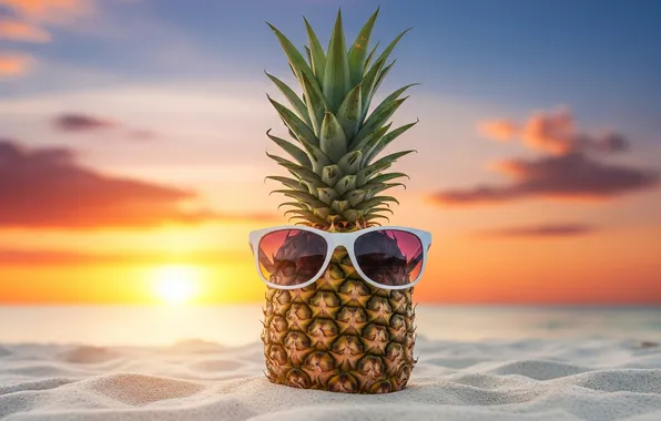 Beach, sunset, Wallpaper, art, glasses, wallpaper, pineapple, beach
