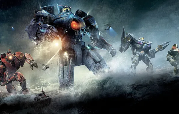 Picture rain, the ocean, ship, helicopters, robots, Pacific Rim, Pacific rim, the Rangers