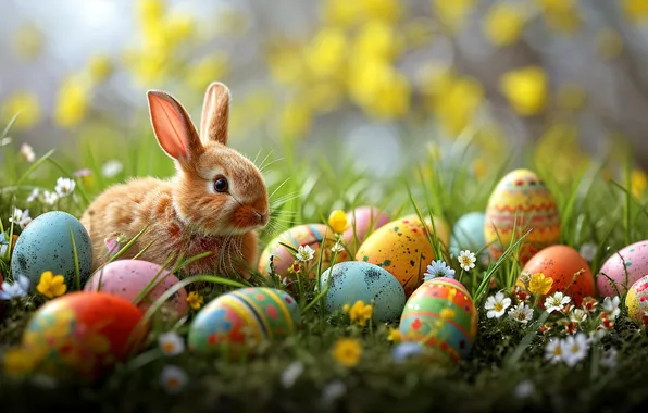 Flowers, eggs, spring, colorful, Easter, happy, flowers, spring