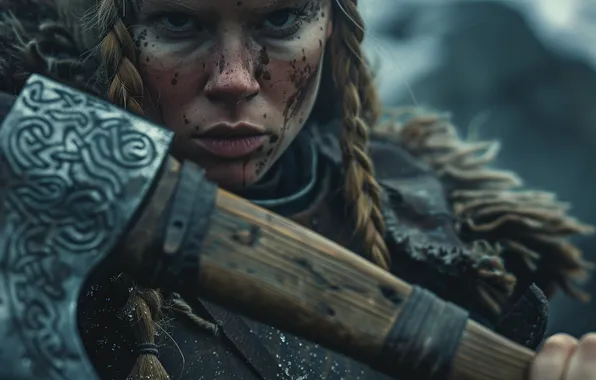Girl, Look, Axe, Warrior, Viking, Digital art, Closeup, AI art