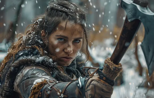 Winter, Girl, Look, Snow, Axe, Warrior, Viking, Digital art