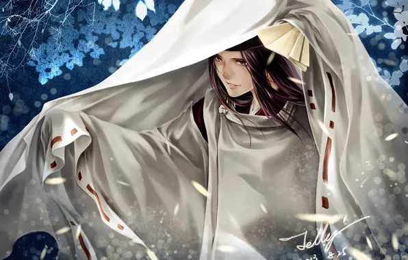 Picture flowers, canvas, branch, spirit, art, fabric, Anime, guy