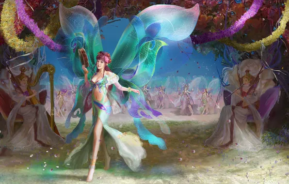 Picture joy, girls, holiday, wings, dance, fairy, fantasy, harp