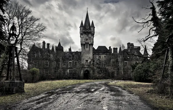 Creepy, castel, panoramic, monochromatic