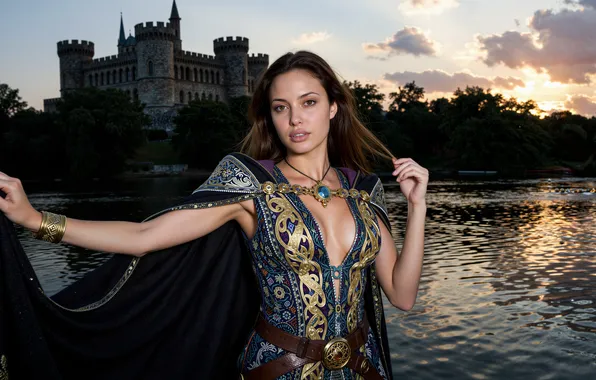 Wallpaper flirts, river, digital art, poses, photography, woman, castle, witch