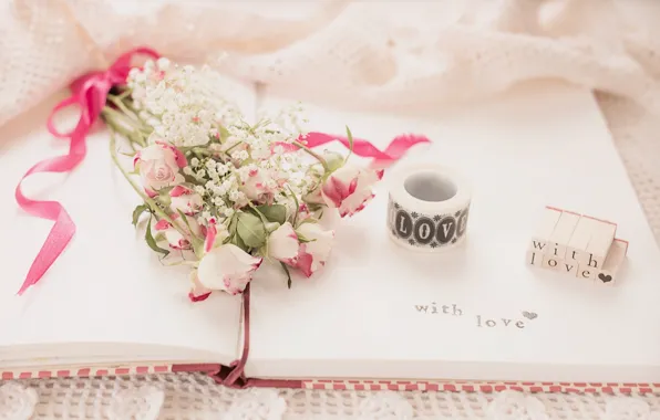 Flowers, the inscription, roses, bouquet, notebook, vintage