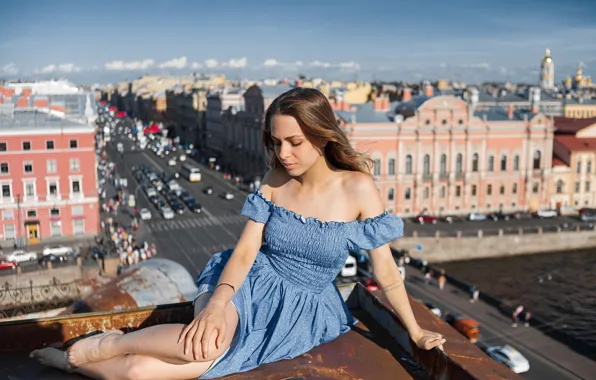 Picture roof, girl, pose, photo, street, model, height, dress