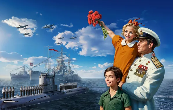 Picture The sky, Clouds, Sea, Figure, Boy, Submarine, Aircraft, Children