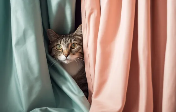 Cat, cat, look, light, portrait, art, fabric, curtains