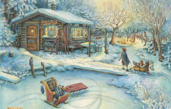 Picture children, holiday, village, house, Who Jacobs, sled