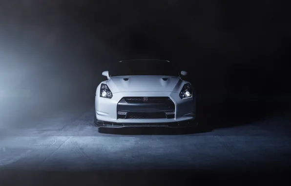 Picture white, smoke, nissan, white, Nissan, gt-r, the front, GT-R