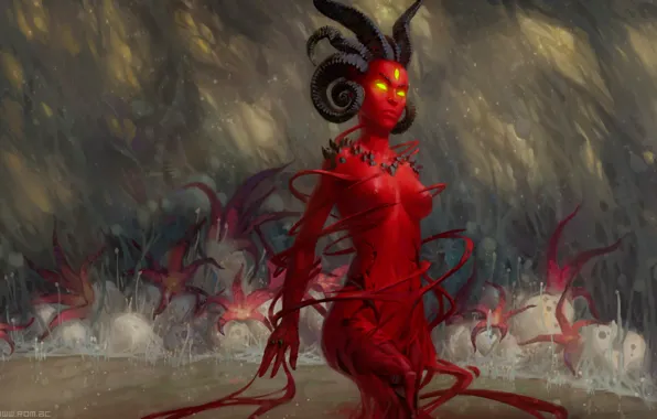 Girl, flowers, fiction, woman, figure, the demon, fantasy, art