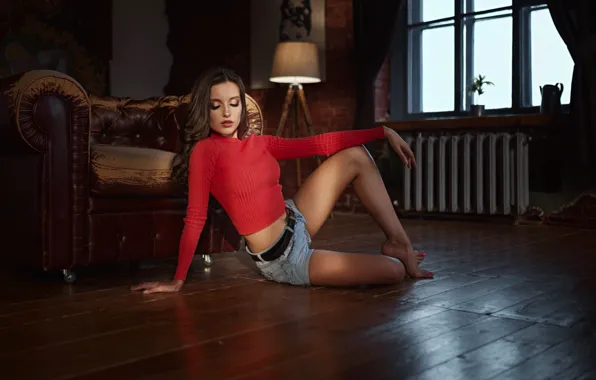 Sexy, pose, room, model, shorts, chair, barefoot, makeup