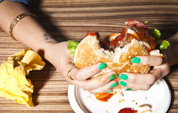 Woman, fast food, hamburger, fingers