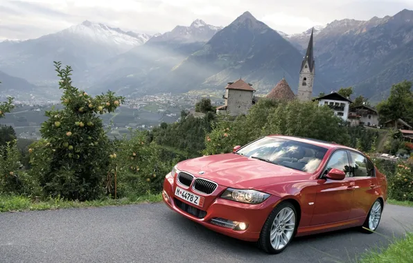 Landscape, mountains, red, tree, BMW, home, BMW, fruit