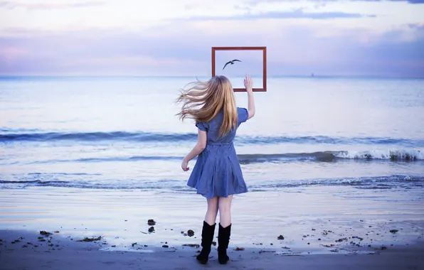 Picture sea, girl, bird