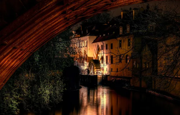 Picture night, bridge, lights, Prague, backlight, channel, old mill