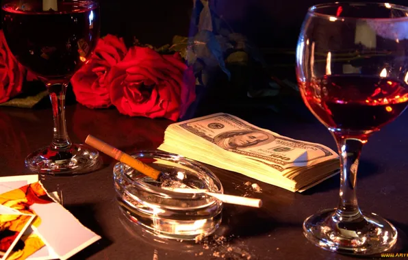 Glasses, cigarette, dollars, ashtray, cigarillo